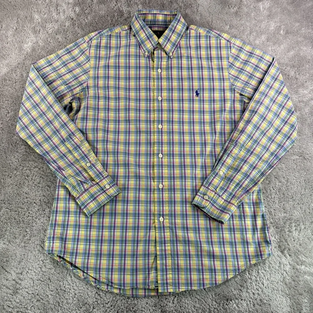 Polo Ralph Lauren Shirt Mens Medium Plaid Button Down Blue Yellow Cotton Classic
